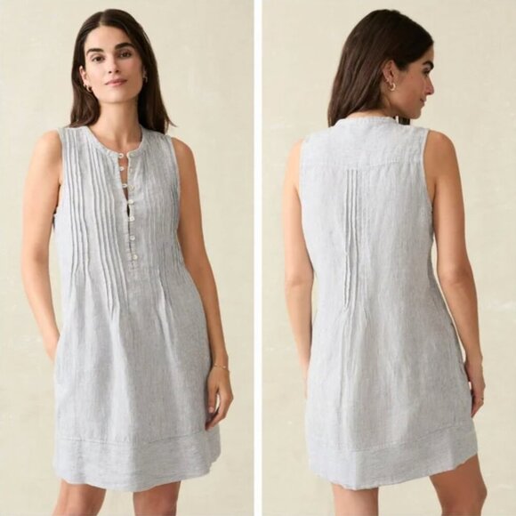 Faherty Isha Blue and White Stripe Sleeveless Linen Shift Mini Dress size Small